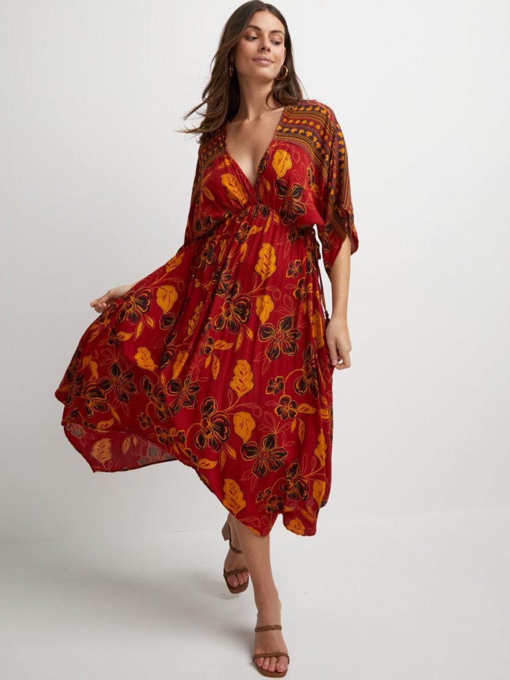 La Clef Bohemian Floral Print Surplice Flowy Midi Dress
